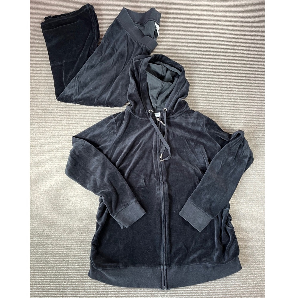 Motherhood Maternity Black Velour Tracksuit Set Zip Hoodie Wide Leg Pants Size M